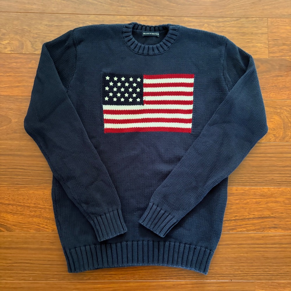 Brandy Melville Womens American Flag Sweater Size M Navy Heavy Cotton Polo Knit